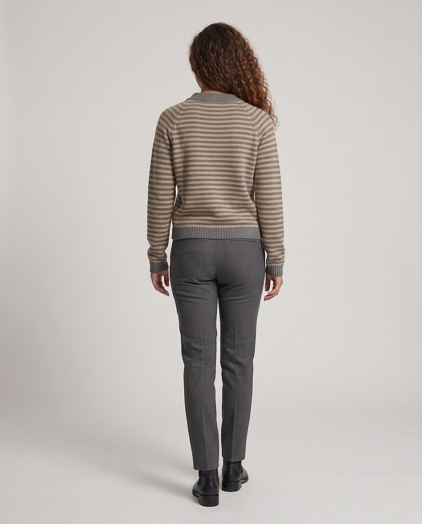 Women's Striped Fine Knit Sweater with V-Neck, Button Placket and Cropped Silhouette Mune Fashion