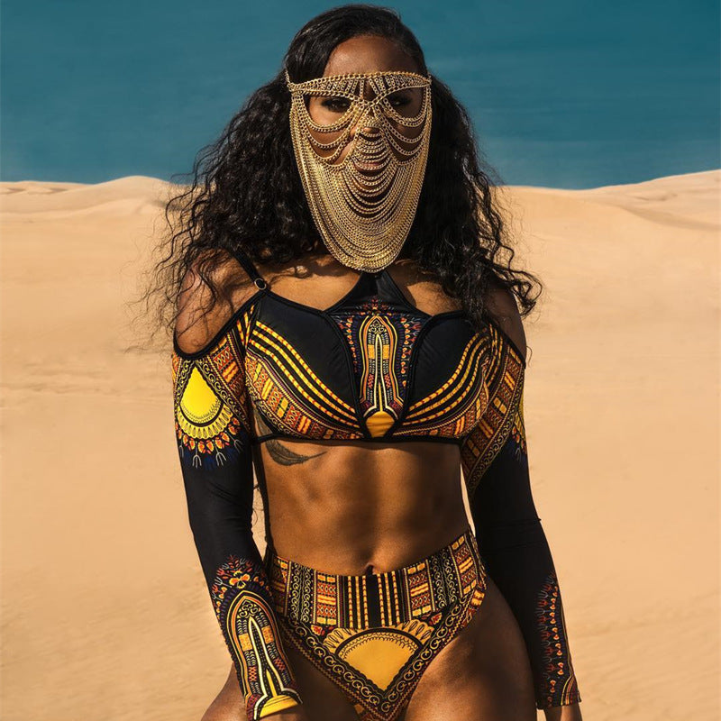 Women's Crop-Top Bikini with Long Sleeves and Innovative Pattern Mune Fashion