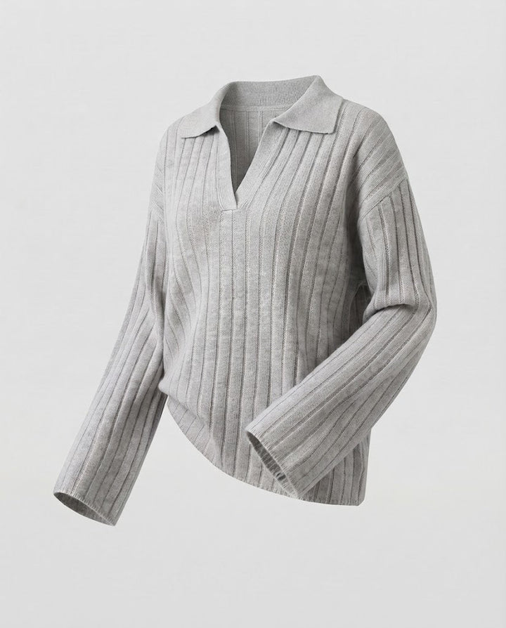 Women's Chunky Ribbed Wool Blend Sweater with Polo Collar and Wide Sleeves Mune Fashion