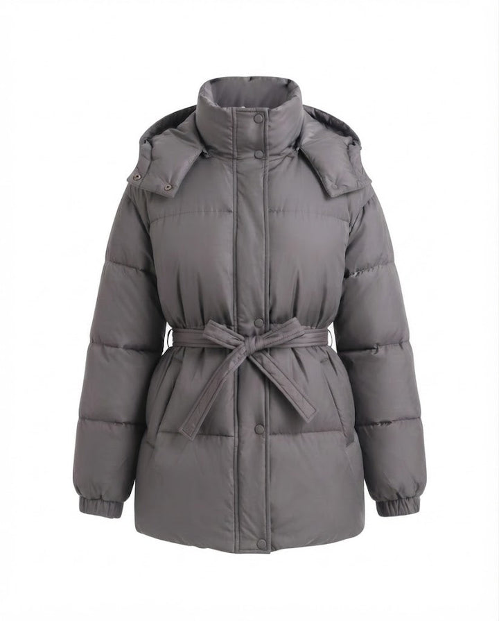 Women's mid-length quilted winter coat with tie belt, high stand-up collar and snap button placket