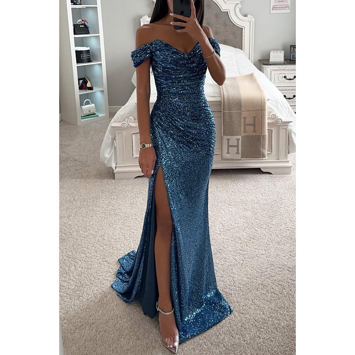 Sparkling Women's Evening Dress Strapless Maxi Dress with Slit for Wedding & Celebration | Mune Fashion
