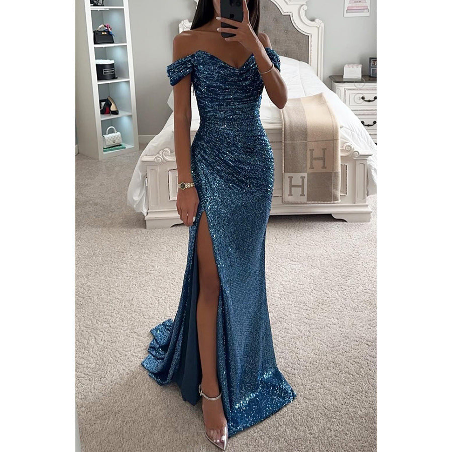 Sparkling Women's Evening Dress Strapless Maxi Dress with Slit for Wedding & Celebration | Mune Fashion