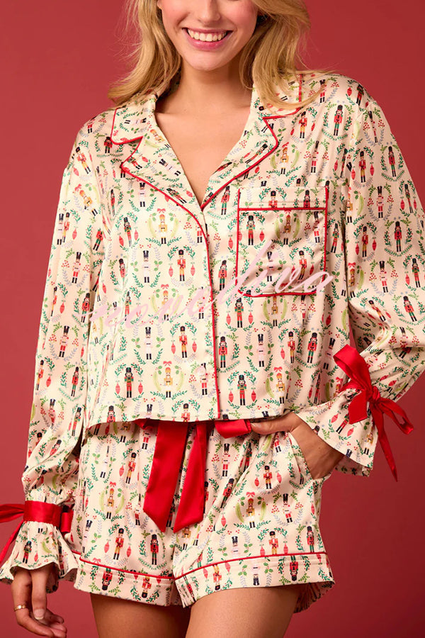 Mune | Christmas Print Lace-Up Cuff Top and Elastic Waistband Pockets Casual Shorts Set
