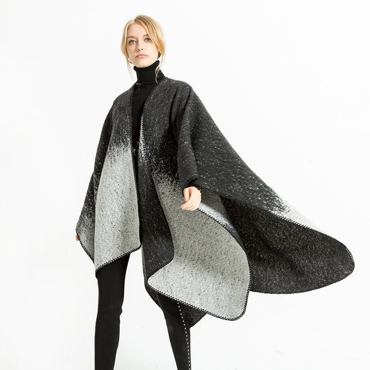 Women's Oversize Ruana made of wool blend with gradient and decorative chain stitch Mune Fashion