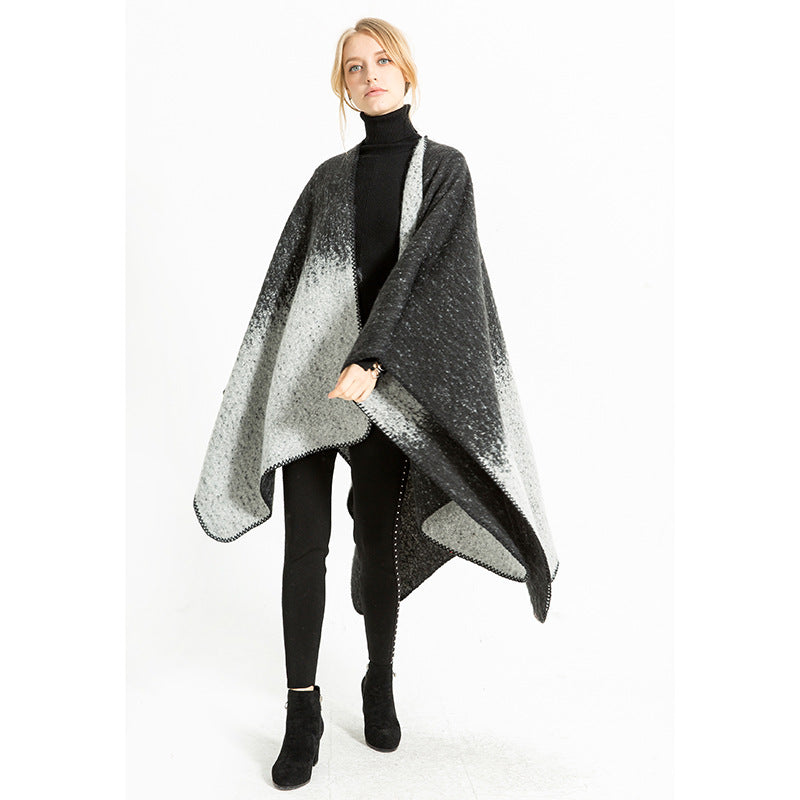 Women's Oversize Ruana made of wool blend with gradient and decorative chain stitch Mune Fashion