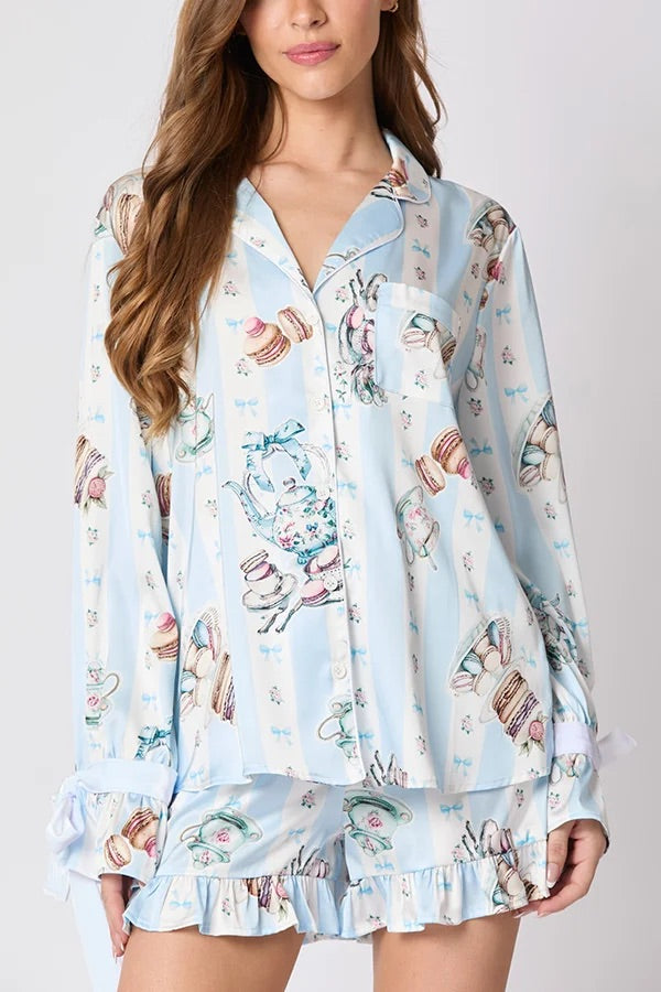 Mune | Christmas Fashion Printed Bow Top and Elastic Waist Ruffle Shorts Set
