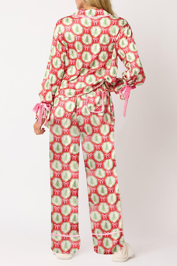 Mune | Christmas Printed Velour Lacing Long Sleeve Pocket Top and Elastic Waist Pants Set
