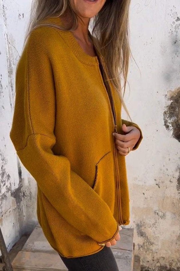 Mune | Color Crew Neck Long Sleeve Casual Zipper Pocket Cardigan