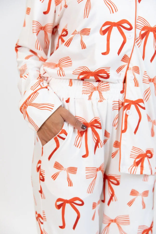 Mune | Christmas Bow Print Long Sleeve Shirt and Elastic Waist Pocket Pants Set