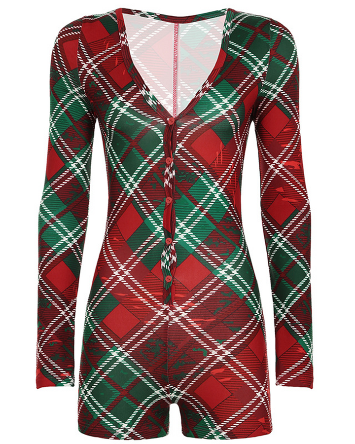 Mune | Christmas Check Pattern V Neck Long Sleeve Jumpsuit Shorts