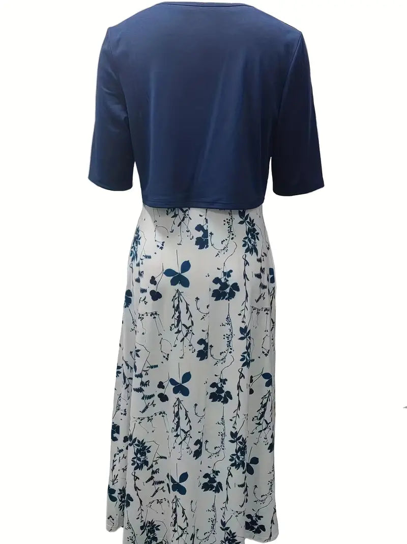 elegant two-piece floral dress set with solid color crop top and dress with round neck