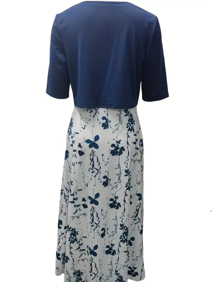 Mune Fashion - elegant two-piece floral dress set with plain crop top and dress with round neckline