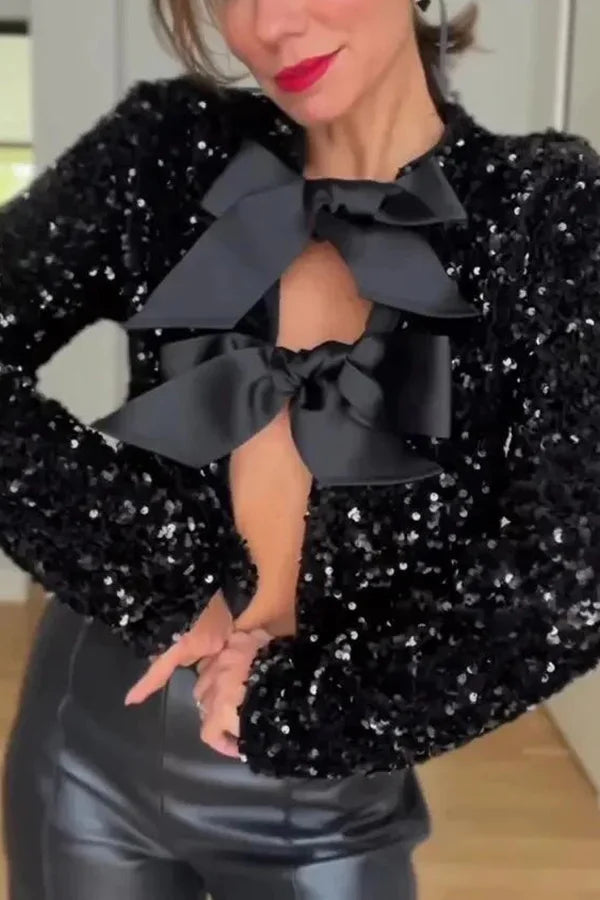 Mune | Options To Celebrate, Tie Front Bow Sequin Jacket