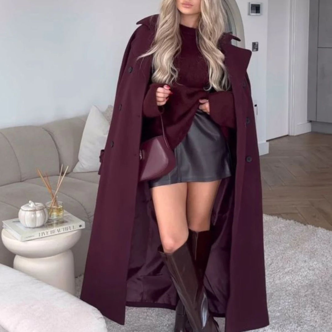 Mune | Elegant Trench Coat In Burgundy with Belt