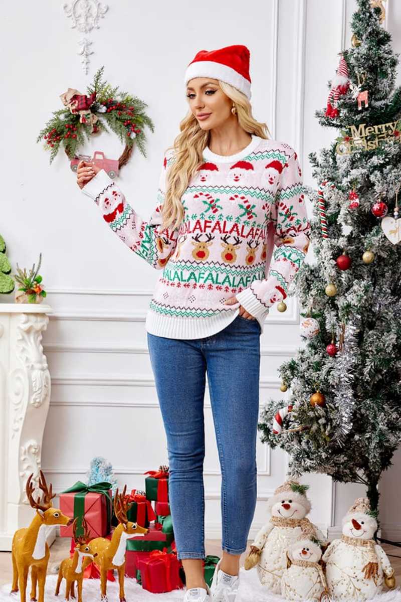 Mune | Loose Fit Round Neck Christmas Cartoon Knit Sweater - Pink