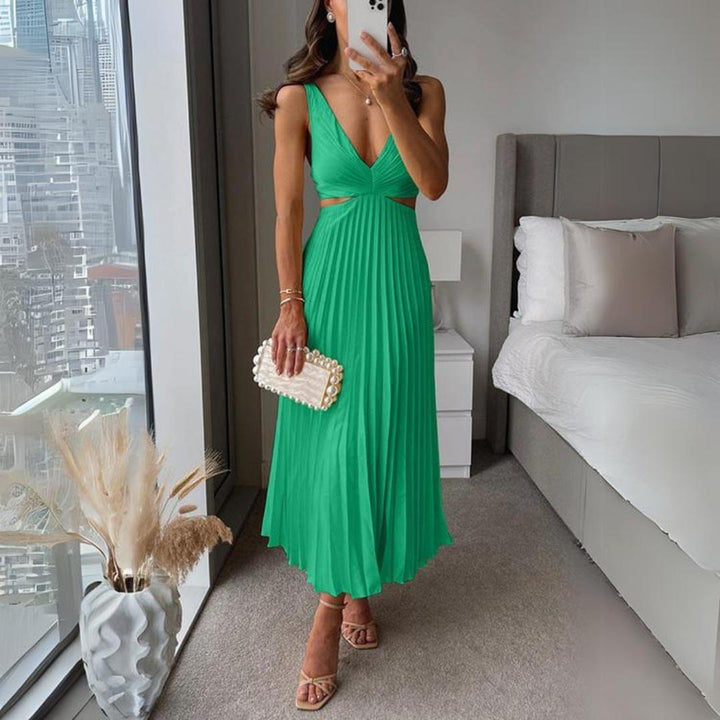 Mune Fashion | Midi Dress Sleeveless V-Neck Twist Front & Cut Out Detail Pleated Skirt