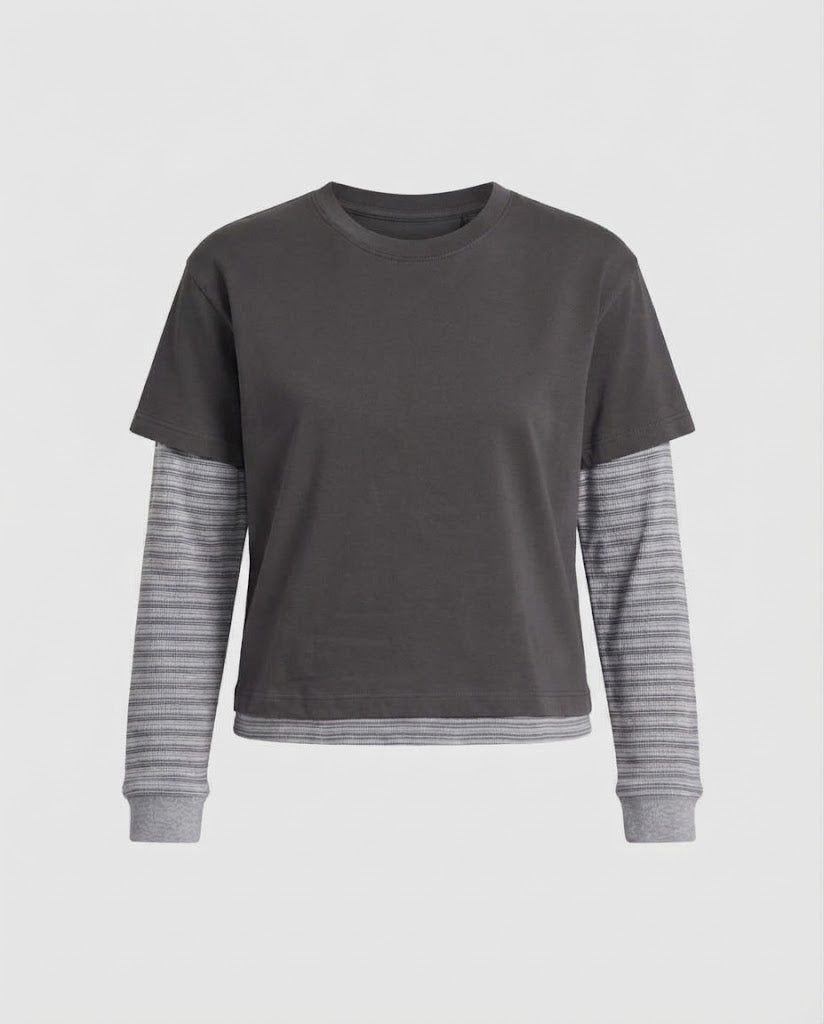 Women Layered Look Long Sleeve Shirt with Integrated Short Sleeve Overlay and Striped Sleeves Mune Fashion
