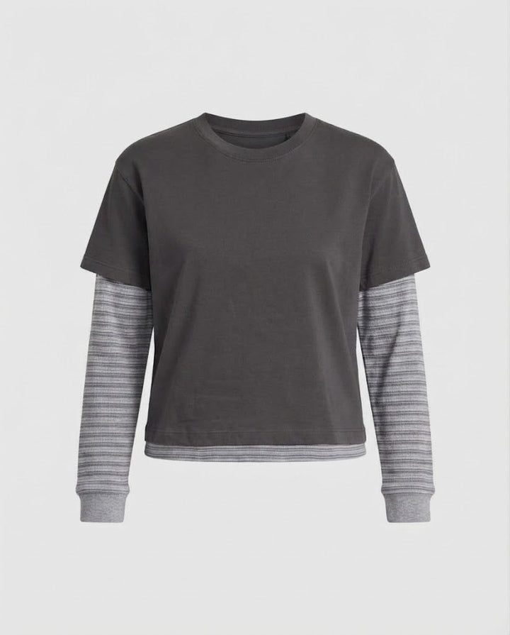 Women Layered Look Long Sleeve Shirt with Integrated Short Sleeve Overlay and Striped Sleeves Mune Fashion