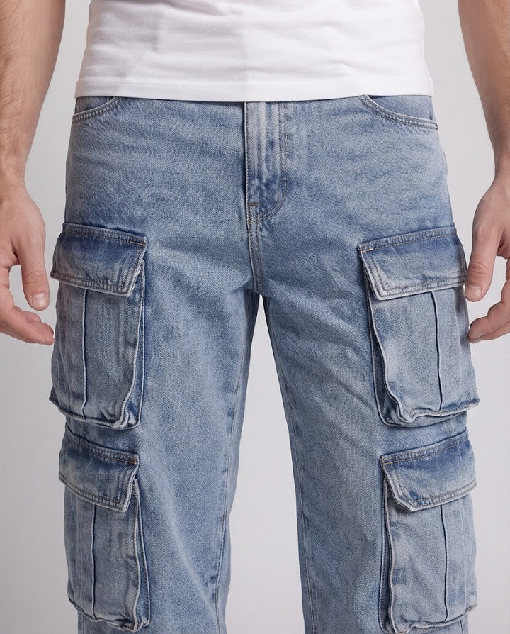 Men's wide cargo denim palazzo pants with multiple patch flap pockets Mune Fashion