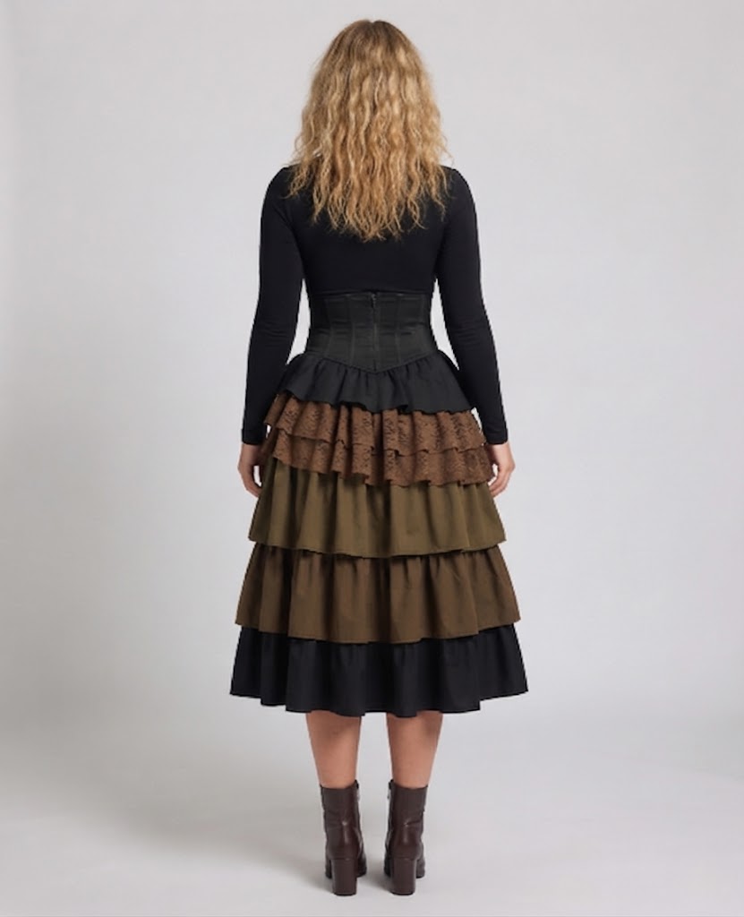 Ladies Elegant layered skirt with elaborate ruffles and decorative buttons Mune Fashion