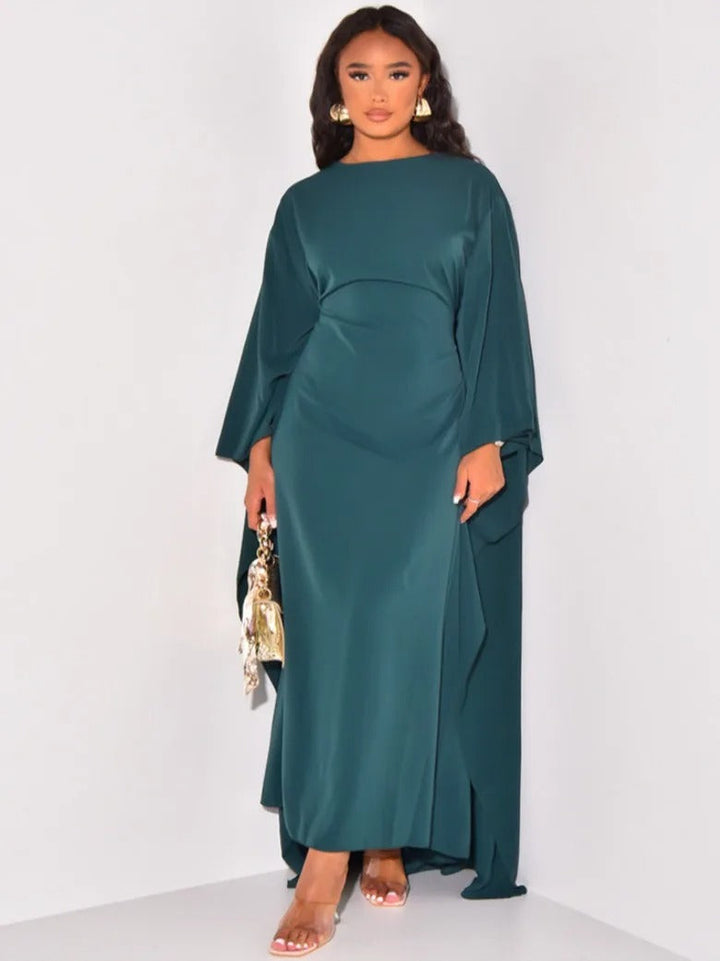 Mune | Elegant Maxi Dress with Round Neckline & Wide Sleeves – Women's Evening Dress with High Waist Long Dress for Festive Occasions