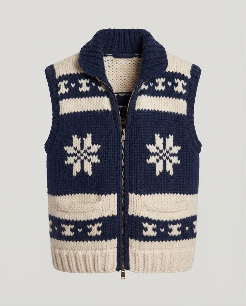 Women Thick Knit Norwegian Vest with Stand-Up Collar and Patch Pockets Mune Fashion