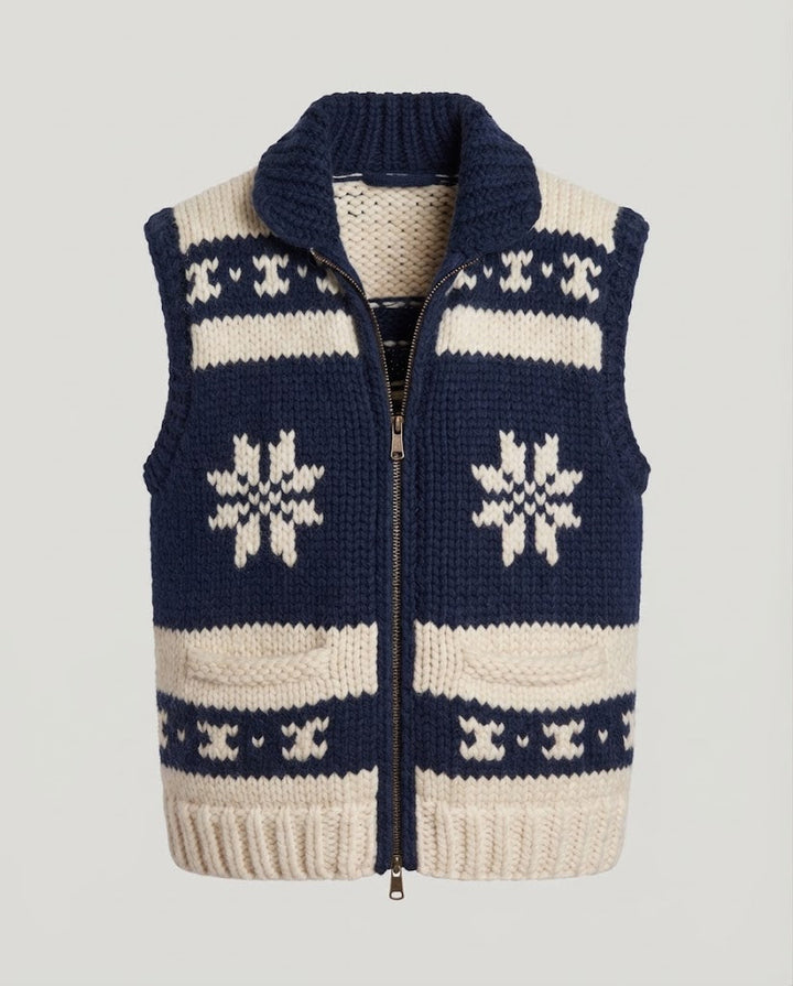 Women Thick Knit Norwegian Vest with Stand-Up Collar and Patch Pockets Mune Fashion