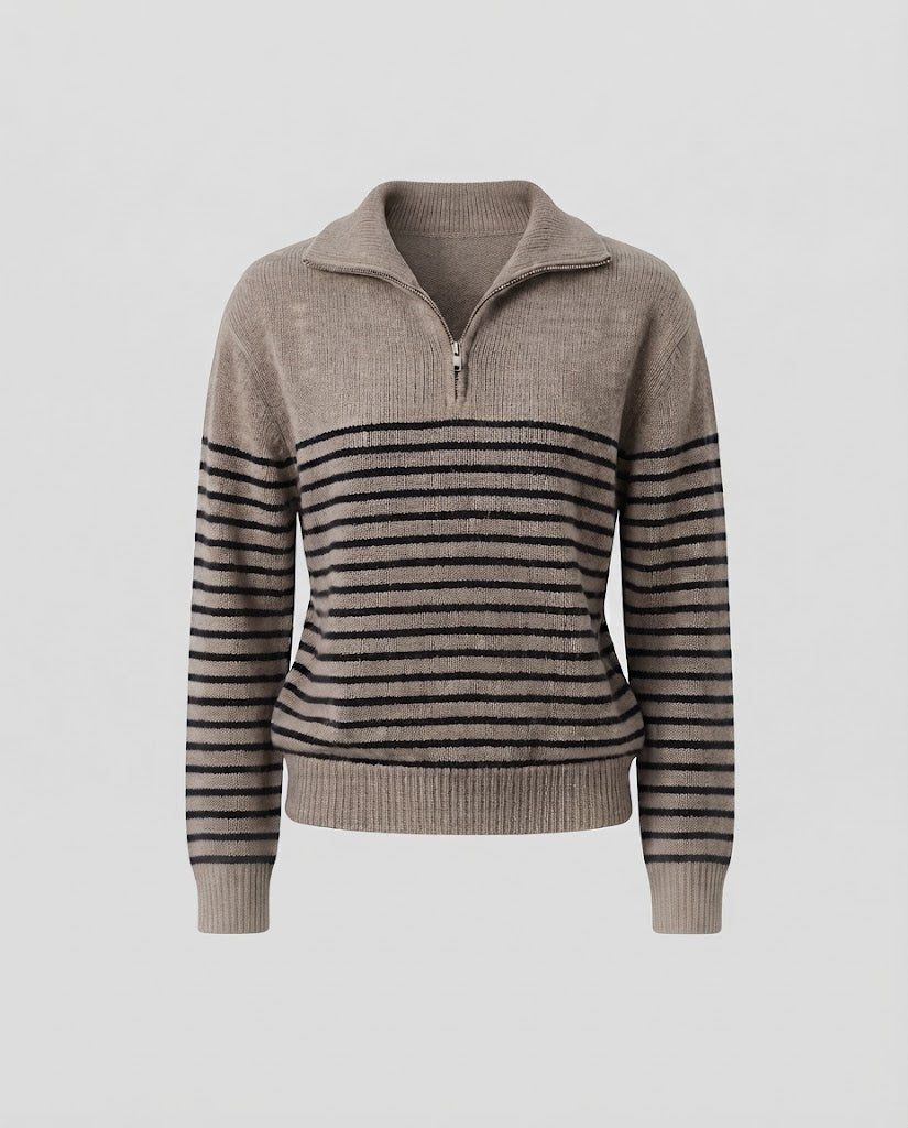 Women's Striped Fine Knit Half-Zip Sweater with Shawl Collar and Drop Shoulder Mune Fashion