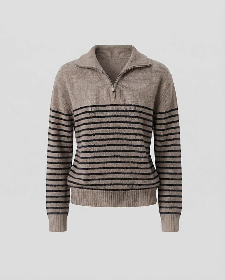 Women's Striped Fine Knit Half-Zip Sweater with Shawl Collar and Drop Shoulder Mune Fashion