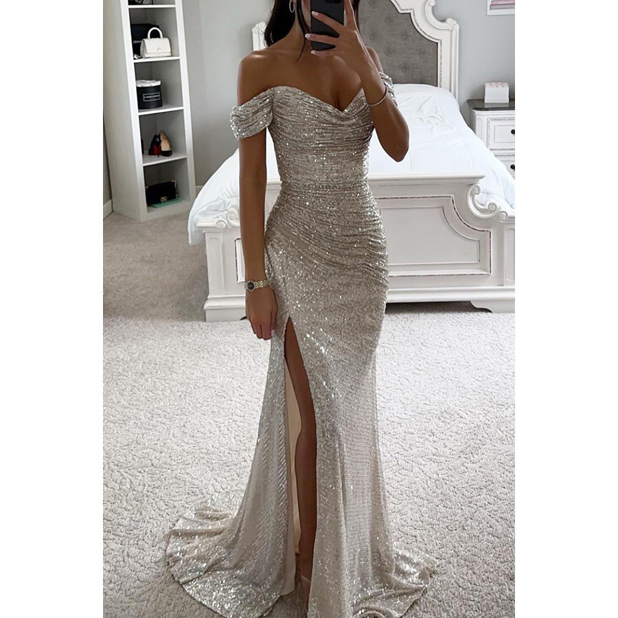 Sparkling Women's Evening Dress Strapless Maxi Dress with Slit for Wedding & Celebration | Mune Fashion