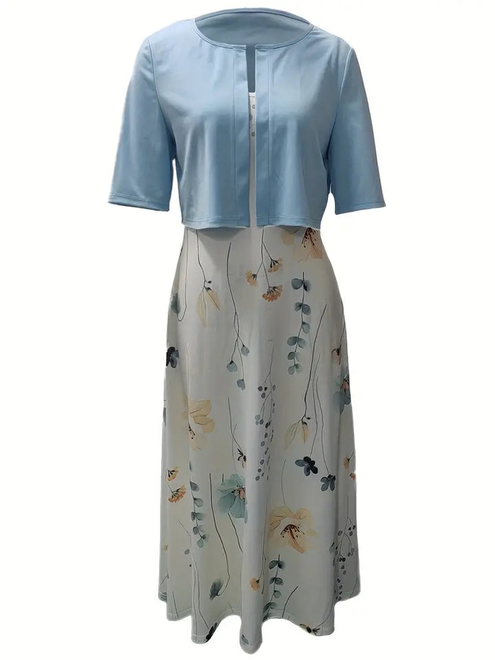 elegant two-piece floral dress set with solid color crop top and dress with round neck