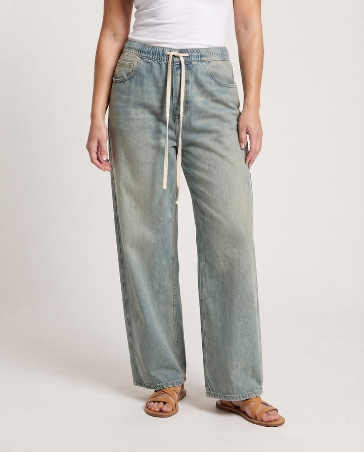 Women Extra Wide Denim Pants with Casual Drawstring Waist and Rolled Hem Mune Fashion