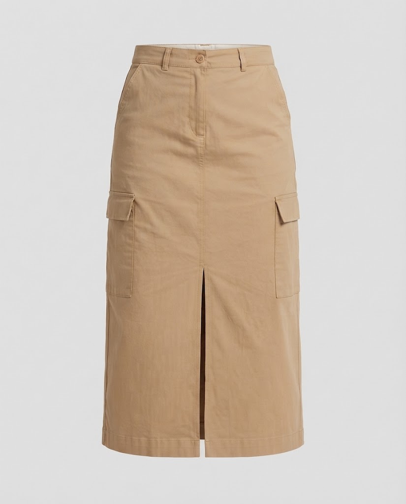 Women High-Waisted Cargo Midi Skirt with Front Slit and Patch Pockets Mune Fashion