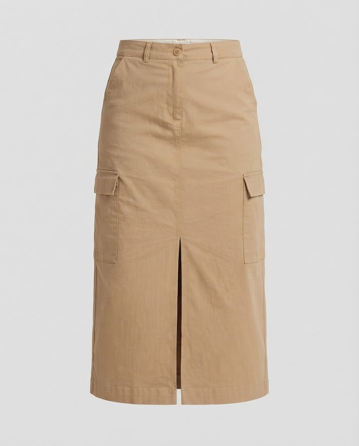 Women High-Waisted Cargo Midi Skirt with Front Slit and Patch Pockets Mune Fashion