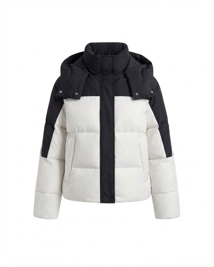 Women's short two-tone quilted short coat with removable collar trim and sporty sleeve stripes