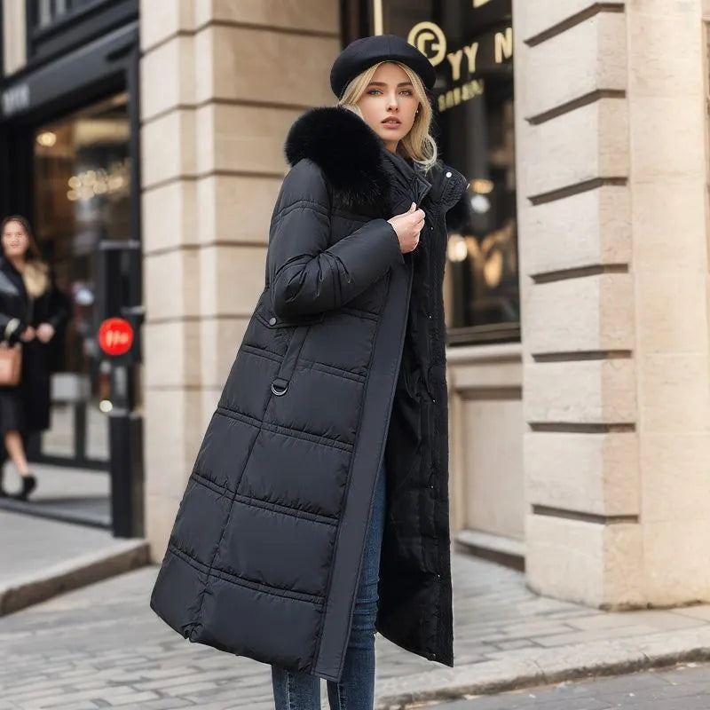 Mune | Women's Long Winter Coat with Fur Hood and Belt