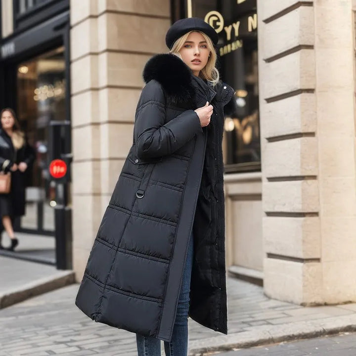 Mune | Women's Long Winter Coat with Fur Hood and Belt