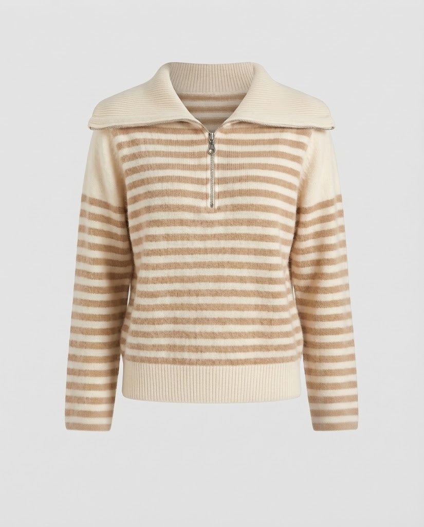 Women's Striped Short Sweater in Fluffy Mohair Look with Half Zipper and Overlapping Collar Mune Fashion
