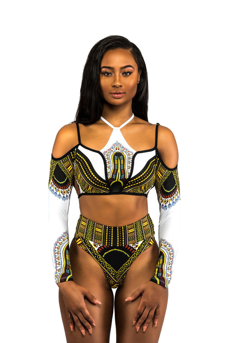 Women's Crop-Top Bikini with Long Sleeves and Innovative Pattern Mune Fashion