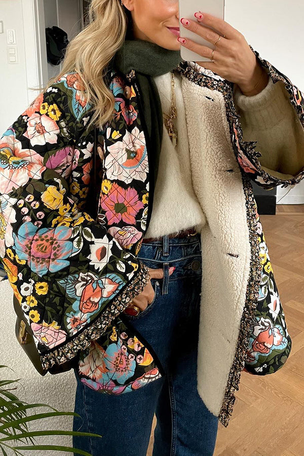 Mune | Floral Pattern Button Closure Quilted Sherpa Jacket