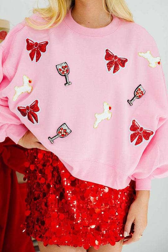 Mune | Christmas Bow Wine Glass Sequins Loose Long Sleeve Sweatshirt