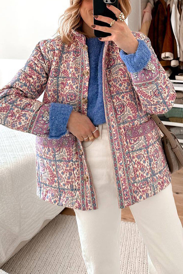 Mune | Paisley-Flower-Print-Button-Pockets-Quilted-Lightweight-Cotton-Jacket