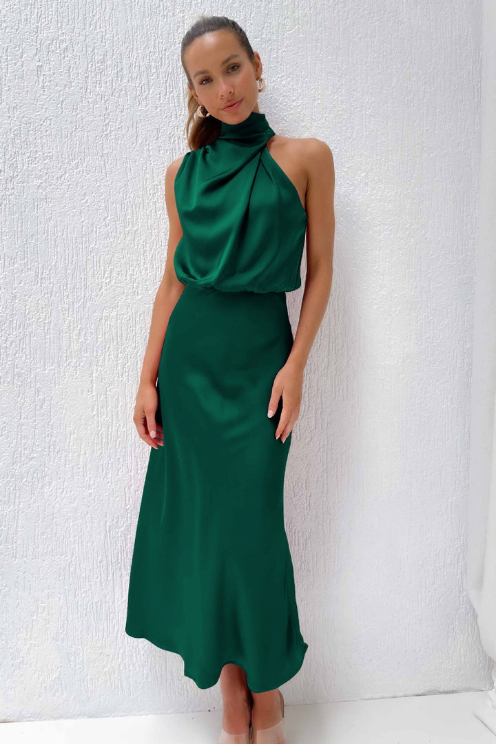 Long satin dress with halter neck