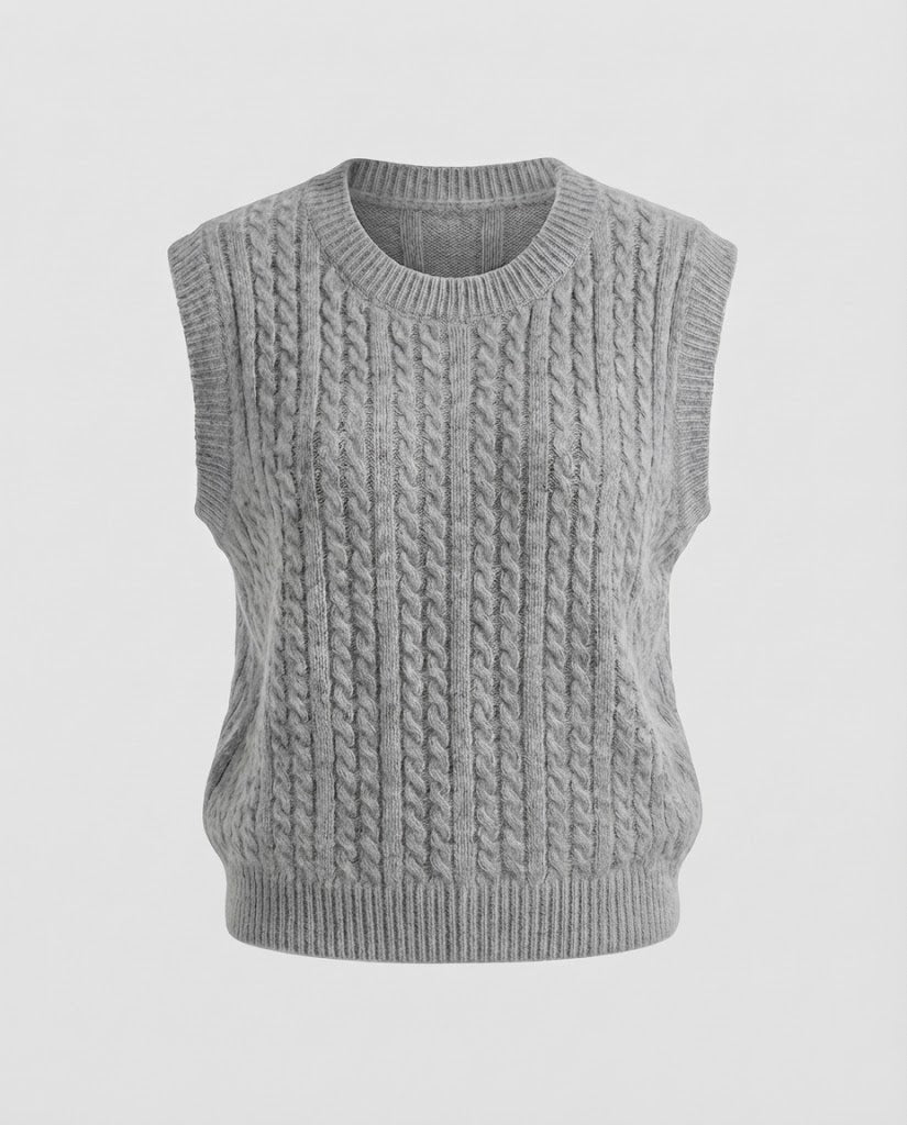 Women's Sleeveless Braided Knit Vest in Mohair Look with Round Neckline Mune Fashion