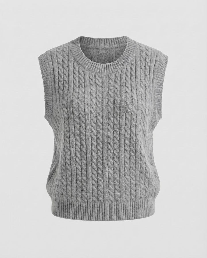 Women's Sleeveless Braided Knit Vest in Mohair Look with Round Neckline Mune Fashion