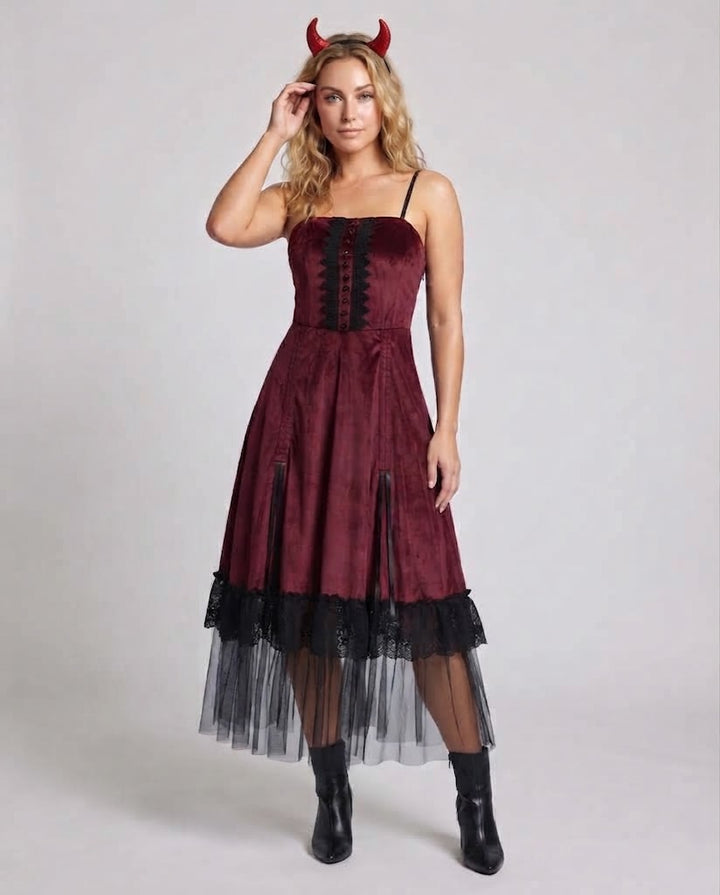 Women Vampire-Inspired Costume Dress with Sheer Tulle Layer and Ruffle Details Mune Fashion