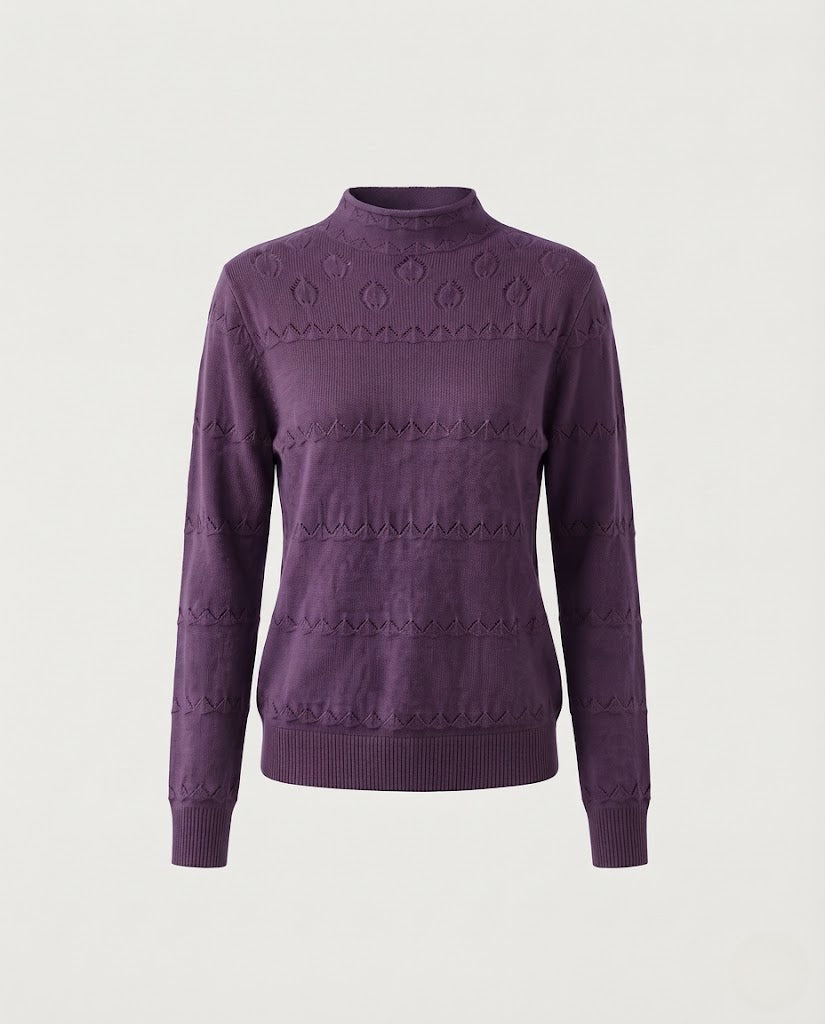 Ladies fine knit pullover with subtle lace stripe and short stand-up collar Mune Fashion