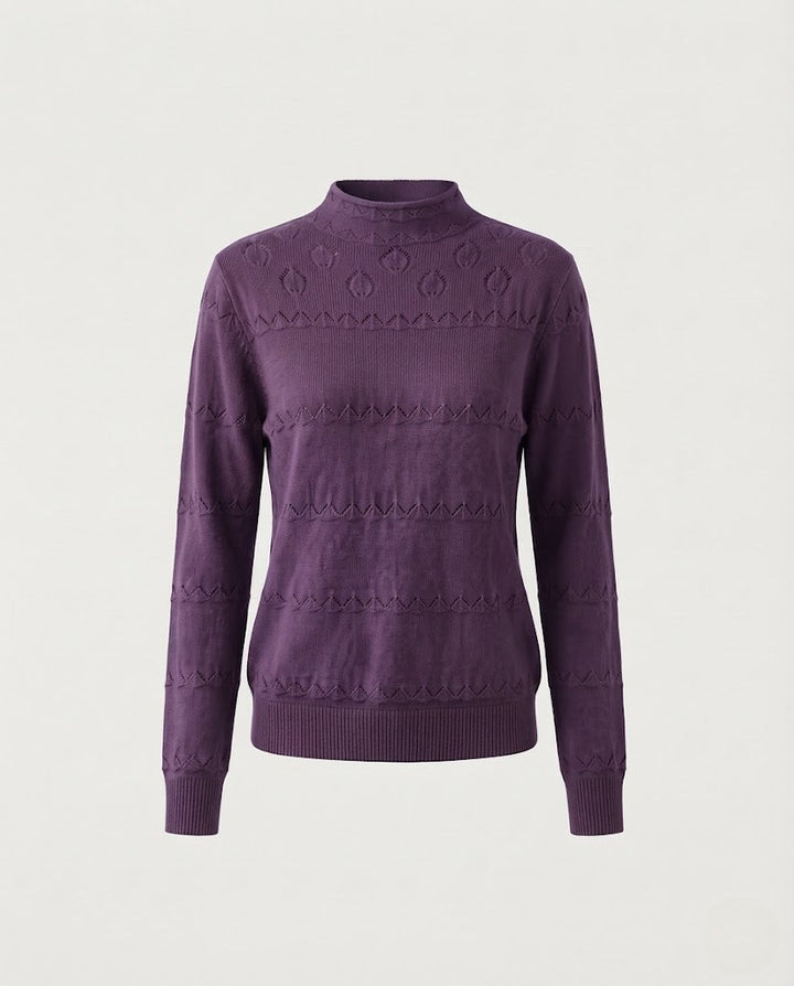 Ladies fine knit pullover with subtle lace stripe and short stand-up collar Mune Fashion