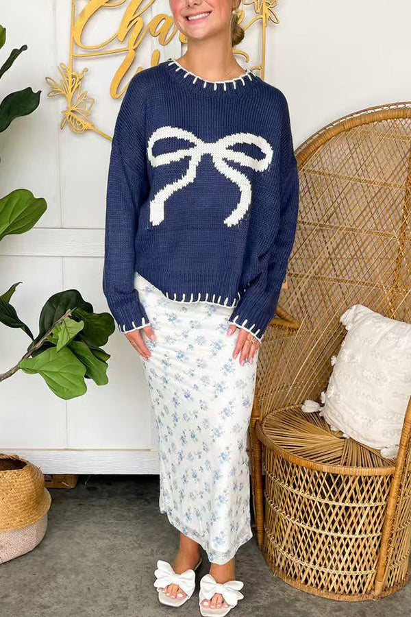 Mune | Christmas Bow Contrast Color Included Edge Long Sleeve Knitted Sweater