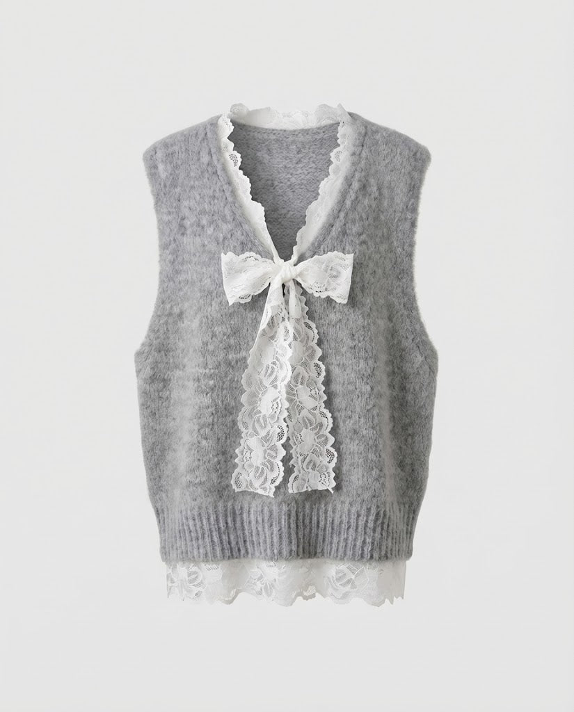 Women's Sleeveless Fleece Vest with Lace Insert and Decorative Bow Brooch Mune Fashion